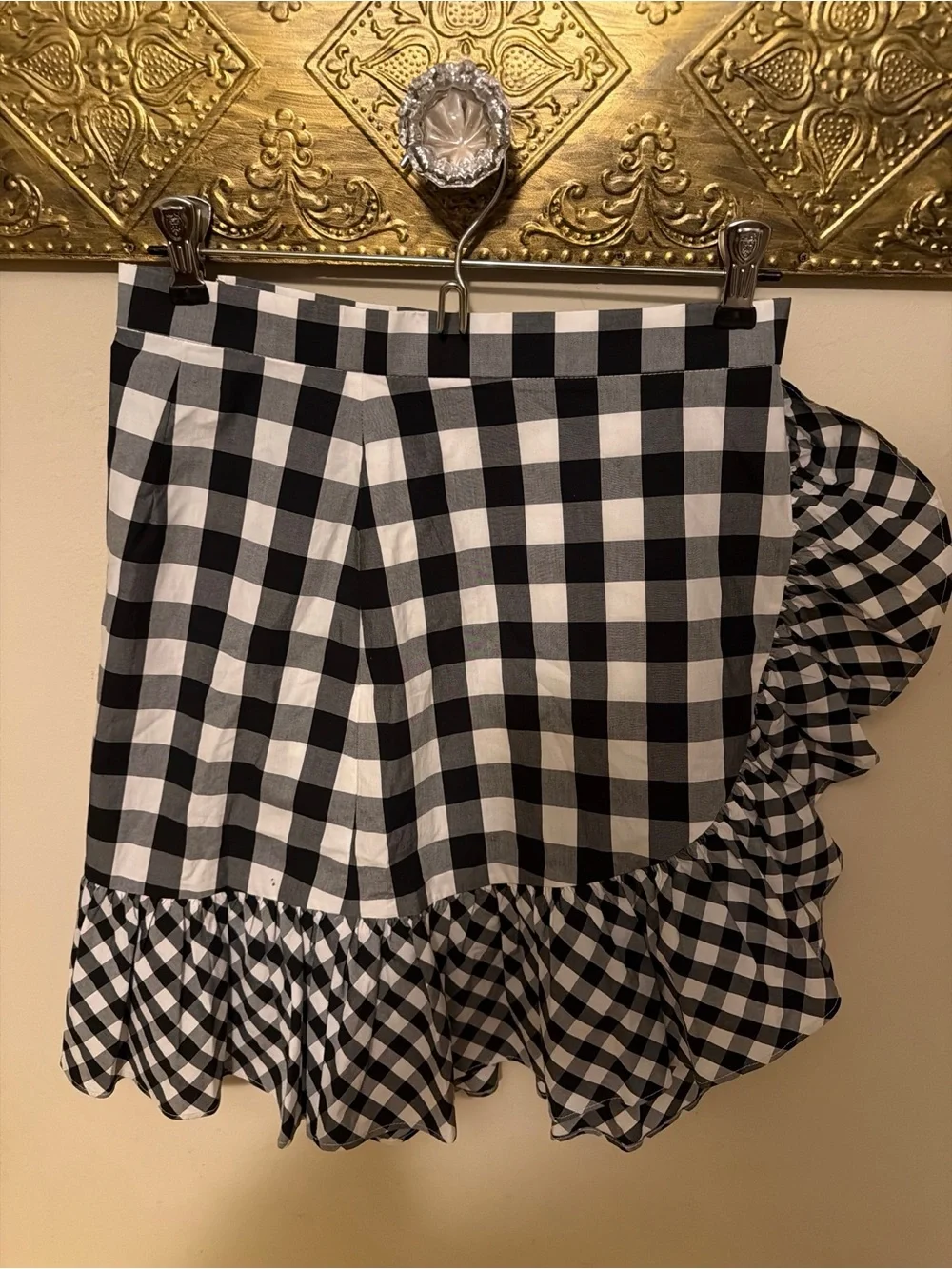J. Crew Black White Gingham Ruffle Faux Wrap Mini Skirt Cotton Size 0